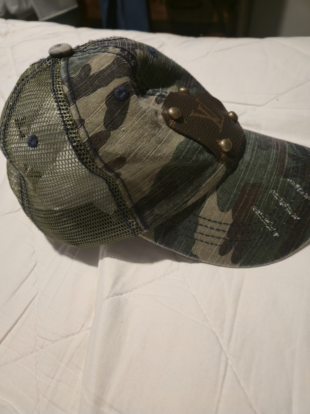 Camo Mesh Baseball Cap with Leather Patch - Green